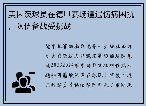 美因茨球员在德甲赛场遭遇伤病困扰，队伍备战受挑战