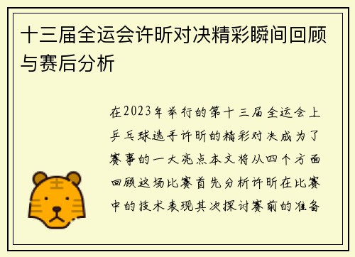 十三届全运会许昕对决精彩瞬间回顾与赛后分析