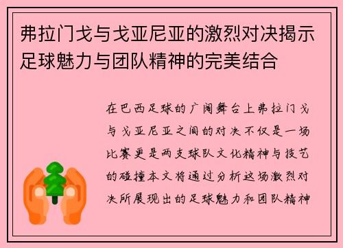 弗拉门戈与戈亚尼亚的激烈对决揭示足球魅力与团队精神的完美结合